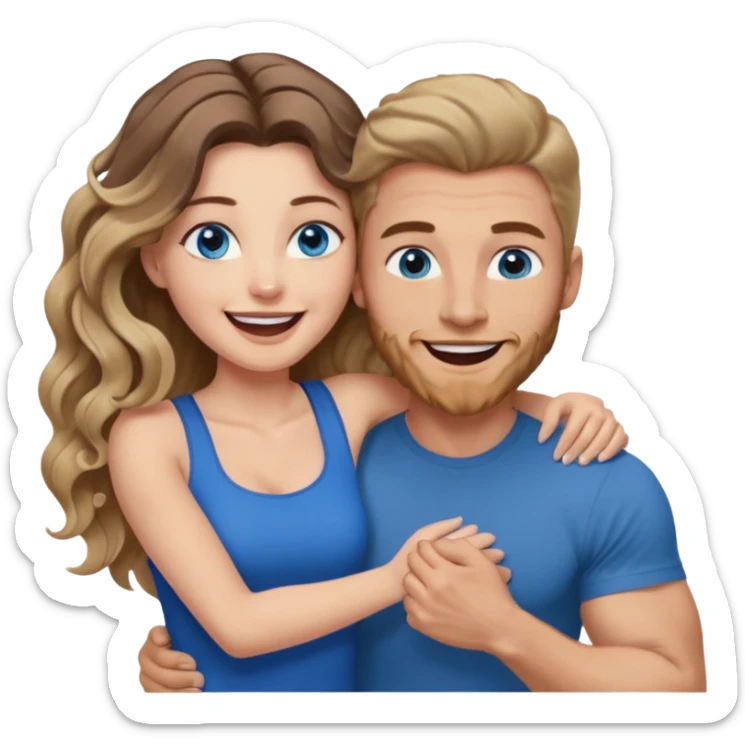 Women with blue eyes and very long, brown blond balayage curled hair in the arms of a man with strong arms a straight face, a very sexy man blue eyes. They are laughing at each other. He has brown hair: A fade haircut down to skin and is light skinned  sticker