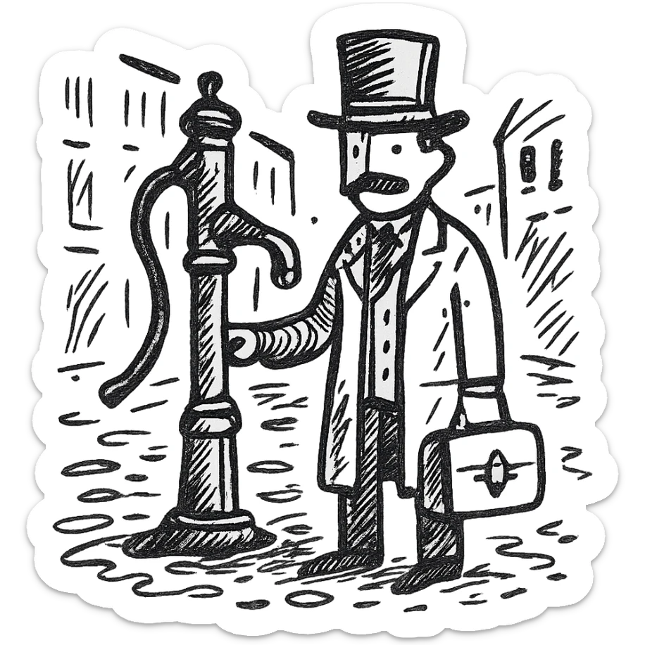 A victorian doctor with a street water pump in a dirty street sticker