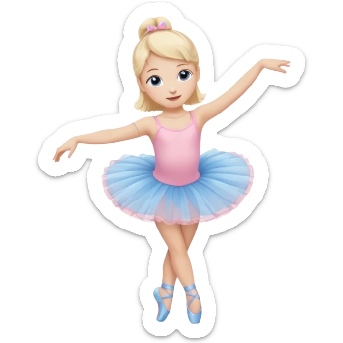 Little blonde girl with blue eyes doing ballet in a pink tutu and ballet slippers, cute emoji style, soft colors, happy expression sticker