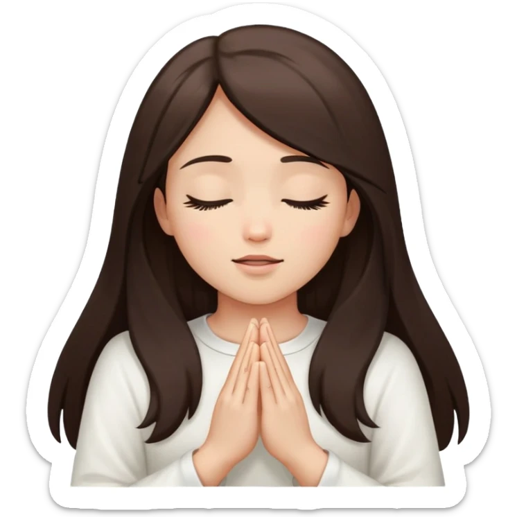 Girl long dark brown hair light medium skin worshipping God hands lifted eyes closed white top sticker