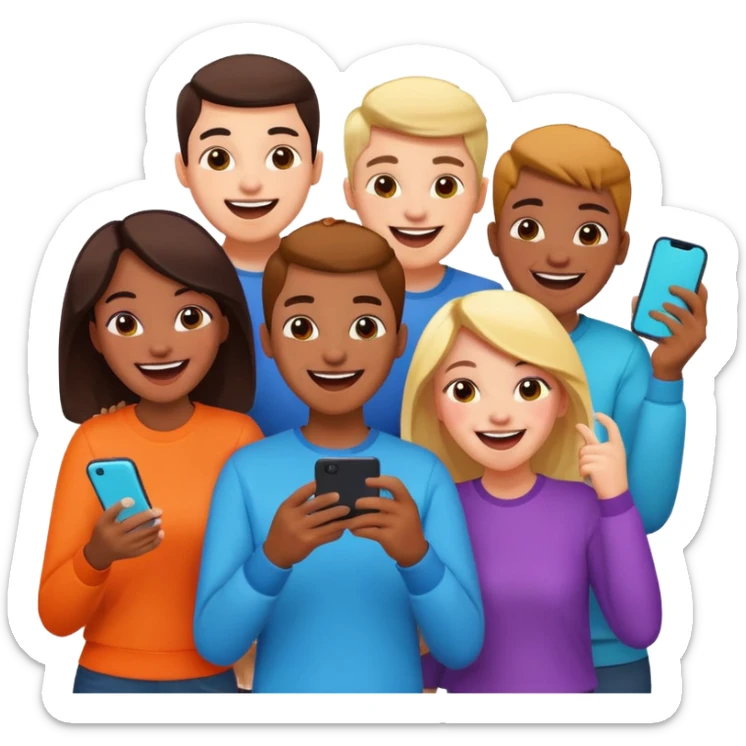 I want to generate an image to show a group of friends playing a mobile game sticker