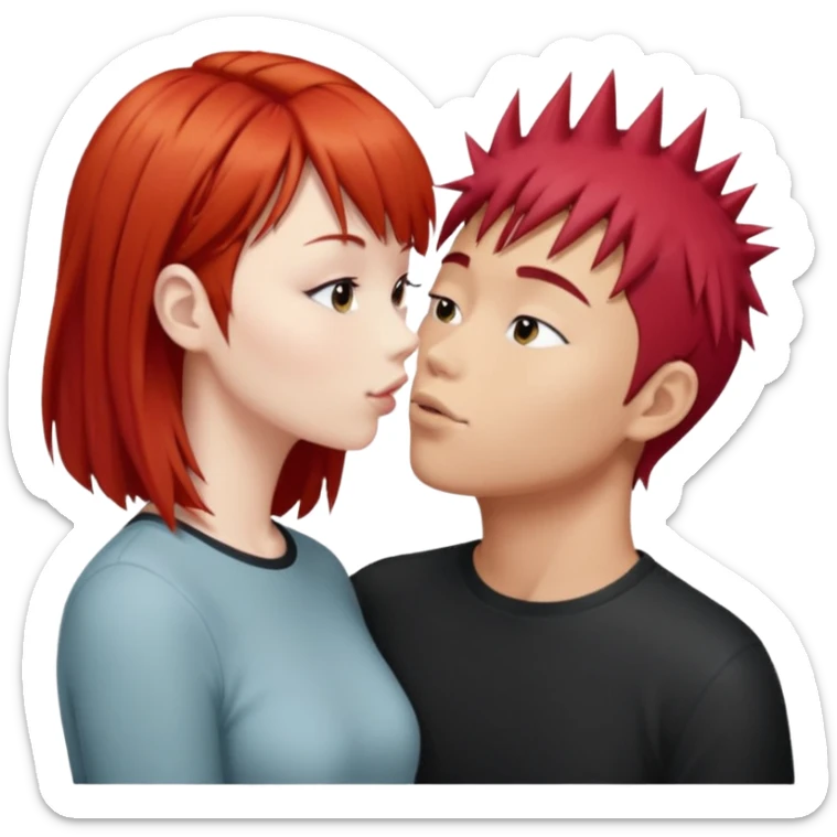 Asian Spiky short red hair  guy kissing redhead white girl with bangs long hair  sticker