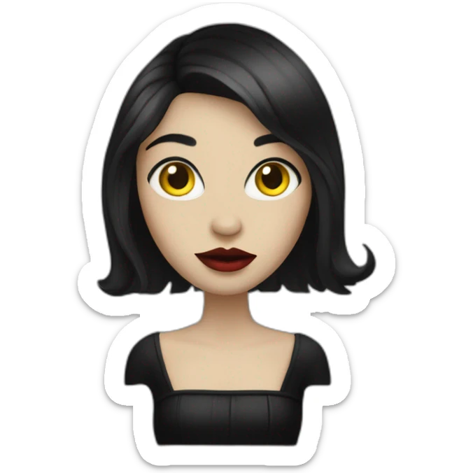  similar to human with red skin, black long hair, yellow eyes (black white of the eye), in black lather dress, black lips sticker