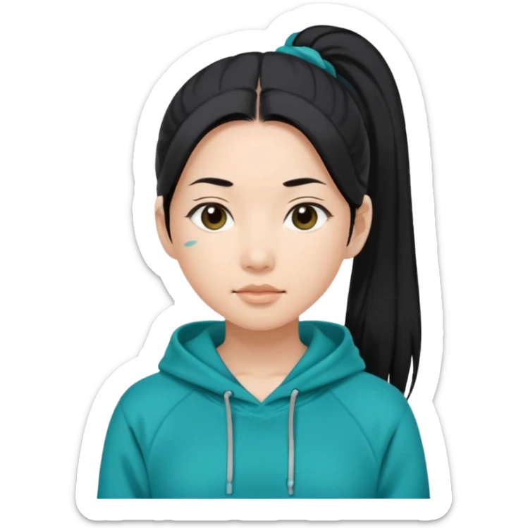generate an asian female with long black hair in a ponytail and a teal hoodie sticker