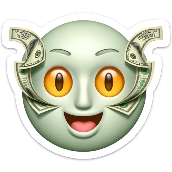 3D glossy money emoji sticker, dollar-sign eyes, cash flying out of mouth, centered. Add curved caption above the emoji: "ТГ - MHGPT4", bold, high-contrast, perfectly readable, sticker outline. Transparent background. sticker