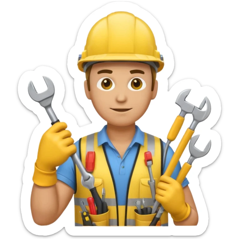 emoji of a hardworking electromechanical man wearing a yellow helmet and holding tools, apple emoji style, large size sticker