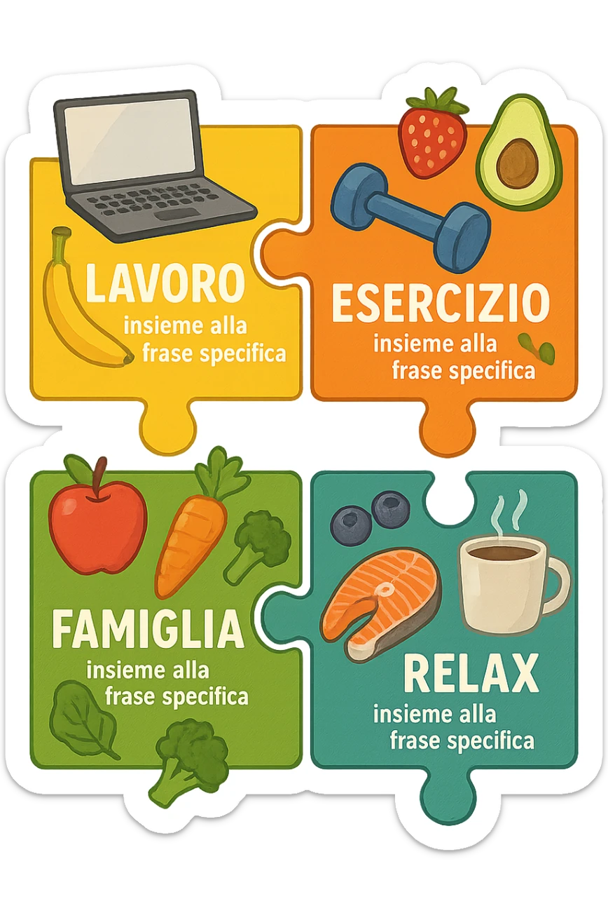 Puzzle (Lavoro, Esercizio, Famiglia, Relax), and healthy foods insieme alla frase specifica are integrated into each piece. in italiano sticker