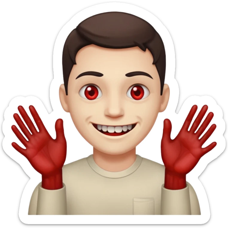 Face with bloodshot eyes and toothy smile with two hands extended in front of him sticker