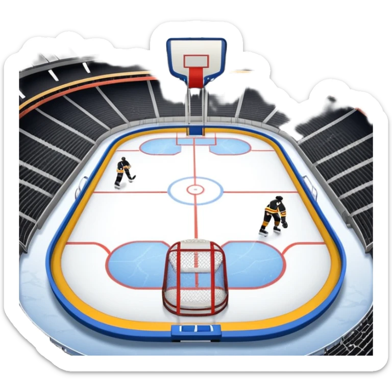 An icon showing a hockey stick, puck, skates, and goalposts on the ice. The background features a large hockey stadium with cheering fans, bright lights, and a snowy landscape visible through the arena. sticker
