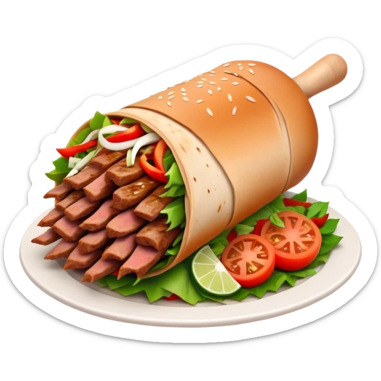 Cinematic Realistic Doner Kebab Dish Emoji, showcasing succulent, spiced meat shaved from a rotating spit rendered with lifelike detail and dynamic, appetizing lighting. sticker