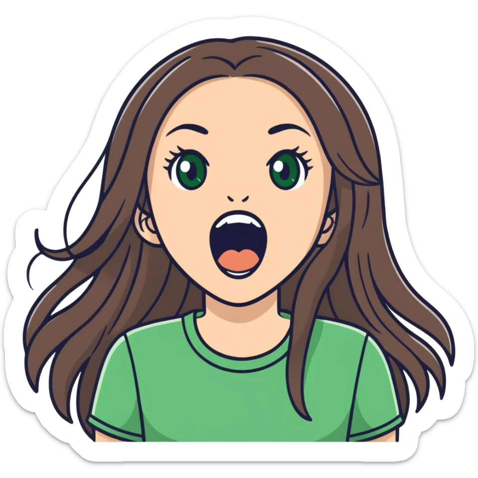 white girl, long brunette hair, green eyes screams with delight sticker
