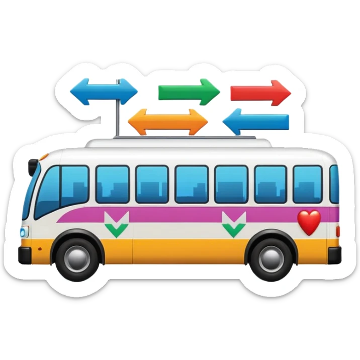 sleek bus viewed from the side with three colorful arrow signs pointing to city icons, colorful Apple-style emoji look sticker
