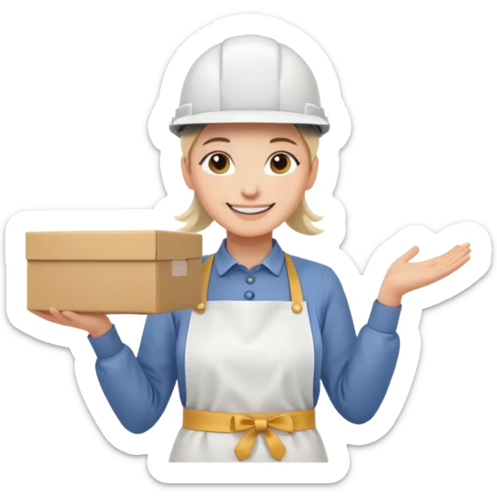 Tengo que dar una capacitacion de orgonomia, necesito un emoji de un operario con casco blanco y delantal blanco de manga larga que levante una caja cerrada con las dos manos a la altura de los hombros sticker