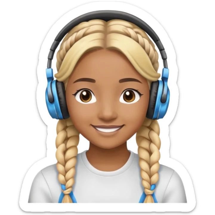 "- Nữ
- 20 tuổi
- Da nâu
- Tóc tết 2 bím, tóc vàng
- Đeo tai nghe
- Mặt cười mỉm
" sticker