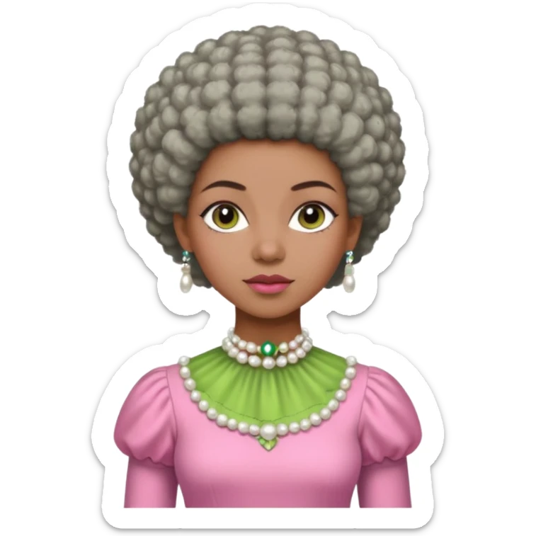 Pretty Brown woman with a very very short stylish gray Afro  wearing pink and green dress  and pearl blouse with sleeves sticker