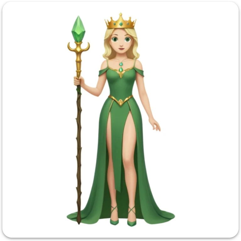 Queen, crown, blonde hair, green eyes, long green tight dress, decoltee,  Leg slit, whole Body, Background forest  sticker