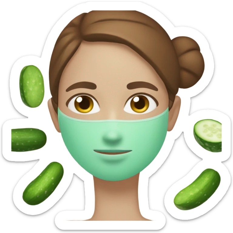 Girl with freackles Brown hair white skin Tone and blue eyes wears Green skin care mask while She relaxes and cucumber on her closed eyes sticker