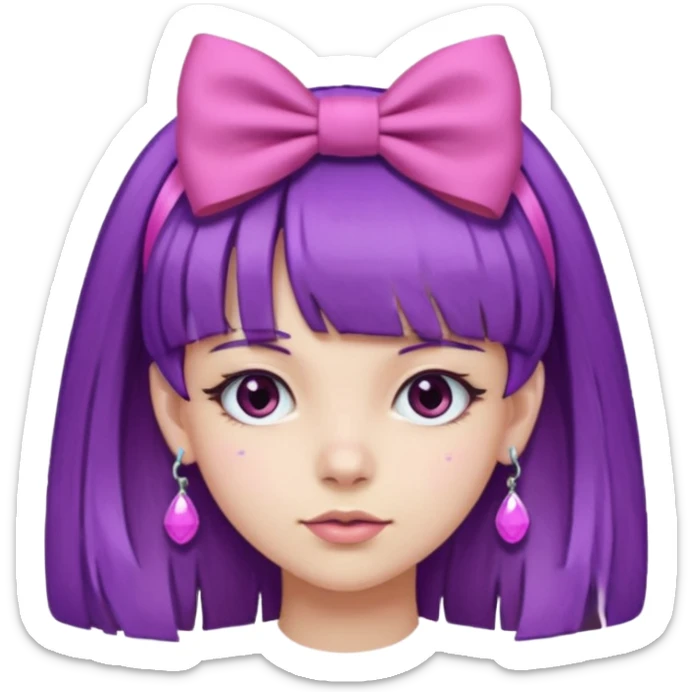 girl with bangs and purple hair and pink hairbow on the side of head and earrings sticker