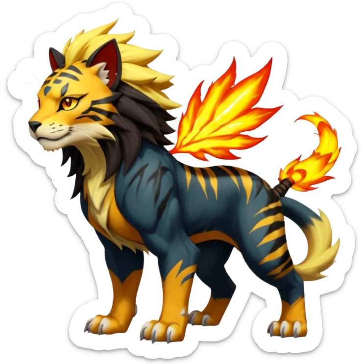 Volcanic Fiery Colorful exotic dark-colored, vibrant, golden, burning, badass, cool, realistic Pyroar-Sprigatito-Torracat-Luxray-Tigress-Solgaleo-Liger-Hybrid-Fakémon-Pokémon-Hybrid-Creature (full body) sticker