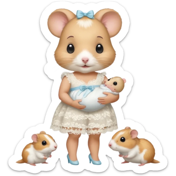 Mama white pretty hamster girl wearing white lace dress and heals holding a baby hamster wearing nappy and dummy sticker