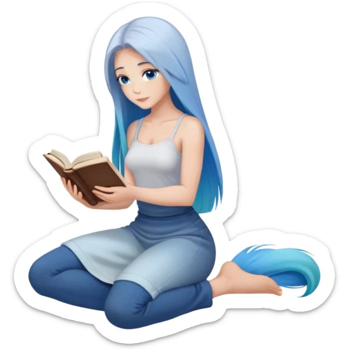 Anatomy of woman's very bare body scheme anatomy-bare shoulders and blue eyes-very long straight blue hair ombre-kneeling-front-leaning back and reading book sticker