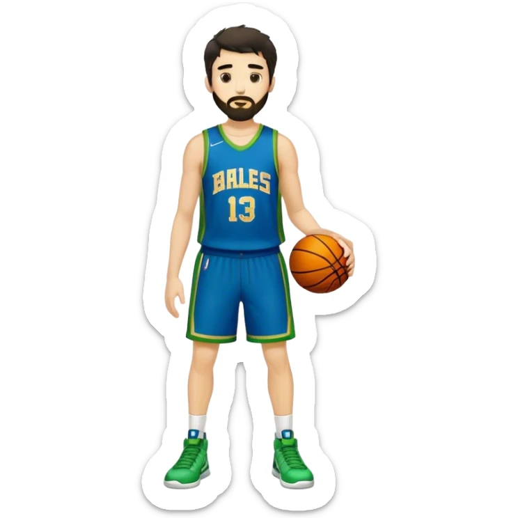 Full Body  white male basketball player with short shaggy dark hair and gold tee beard wearing blue and green uniform sticker