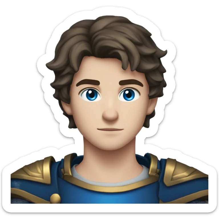a 6'5" 19 years old Irish, teenage boy with slightly dark short hair. He wields a dark blue flaming sword, and wears a blue armor. He has blue eyes. He is very serious & strong  sticker
