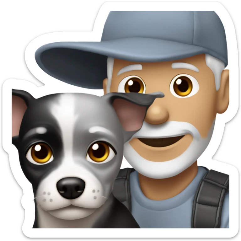 blue eyed gray haired gray goatee man in ball cap holding a black longhair chihuahua  sticker