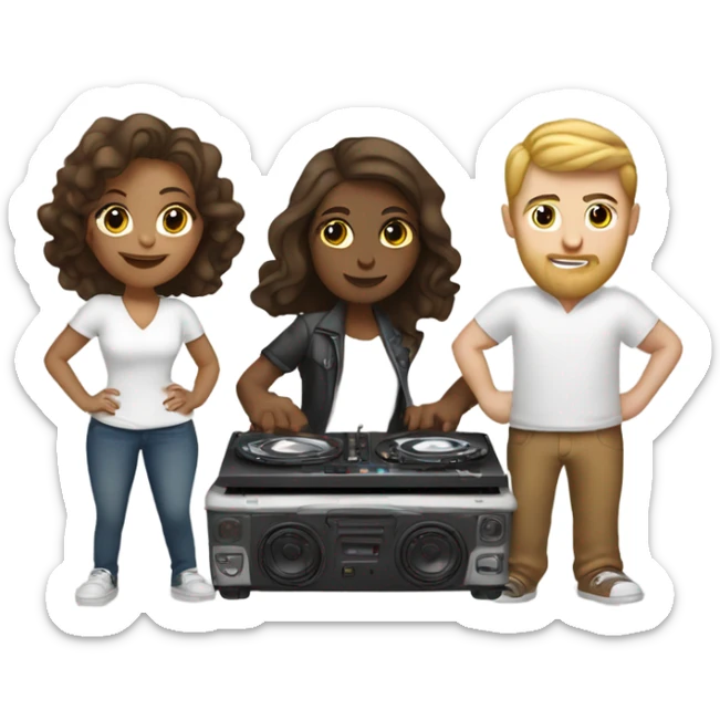 a white girl, a brown girl, and a white guy behind DJ turntables together sticker