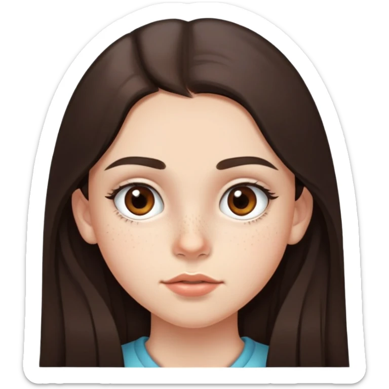A 12-year-old girl with very long dark brown hair, light brown eyes, thick eyebrows, slightly big lips, a small freckle on her cheek and another small freckle under her eye sticker