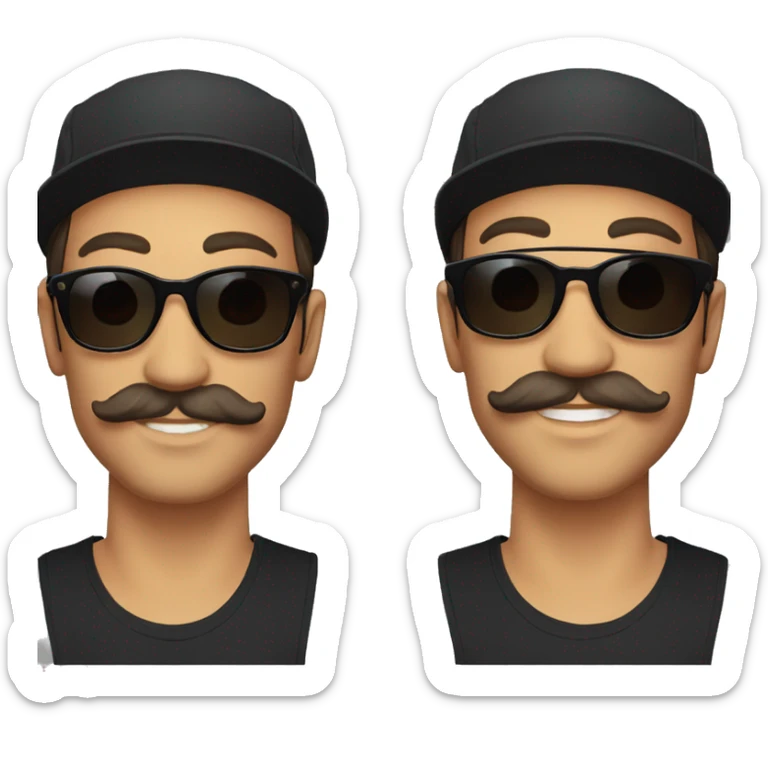 guy with long hair and a mustache and a black bucket hat and black sunglasses with mirrored orange lenses sticker