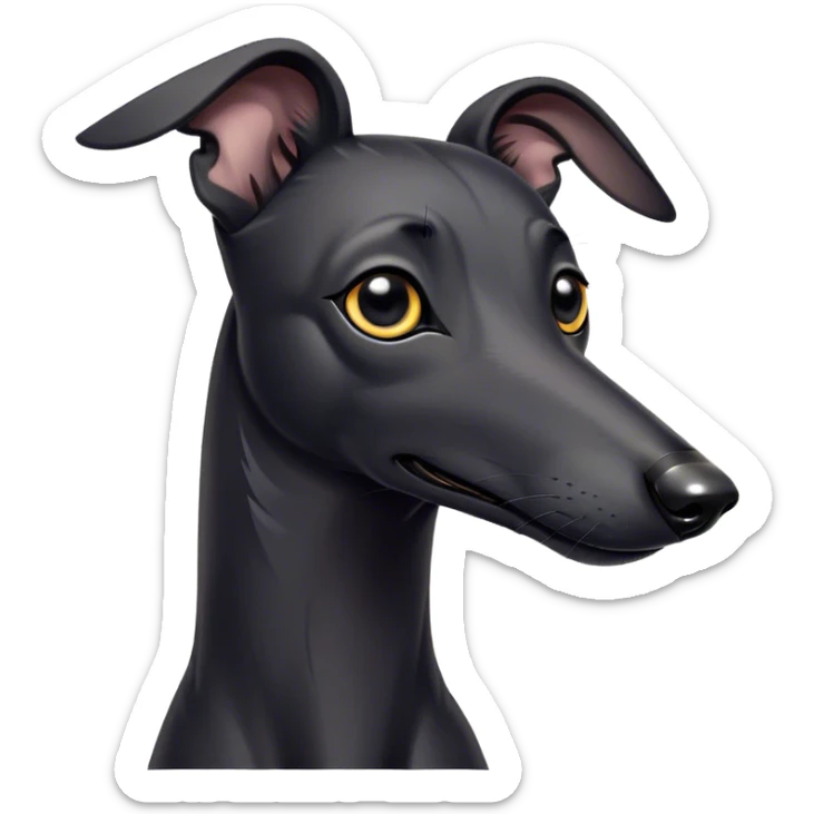 Cinematic Cute Black Greyhound Portrait Emoji, Head tilted playfully and inquisitively, featuring a smooth, shiny jet-black Fur and round, sparkling dark eyes filled with curiosity, Simplified yet irresistibly adorable features, highly detailed, glowing with a warm, friendly glow, high shine, affectionate and agile, stylized with a touch of whimsy, bright and endearing, soft glowing outline, capturing the essence of a mischievous yet loving racer, so playful it feels like it could dash out of the screen and into your arms! sticker