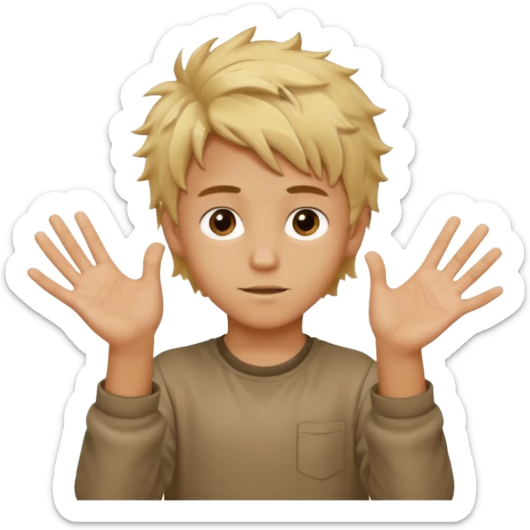 White young boy with mouth out and blonde messy hair with his hands out one has a 6 on it the right has a 7 on it sticker