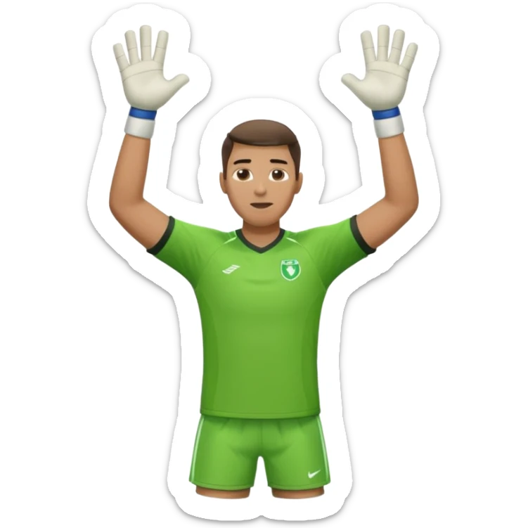 goalkeeper, standing, wearing a green shirt, shorts, socks and football trainers, with arms raised sticker