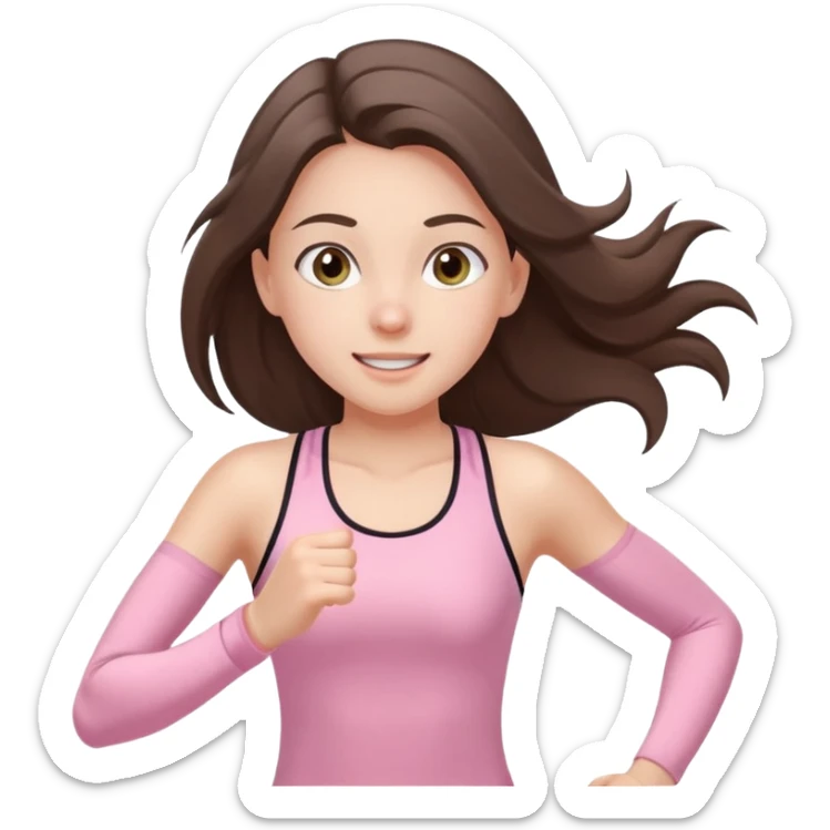 white happy brunette teen long hair with hazel eyes in light pink workout clothes jogging through finish line sticker