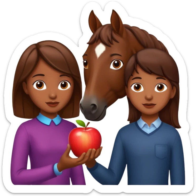 a dark skinned boy and a brown haired girl giving an apple to a horse sticker