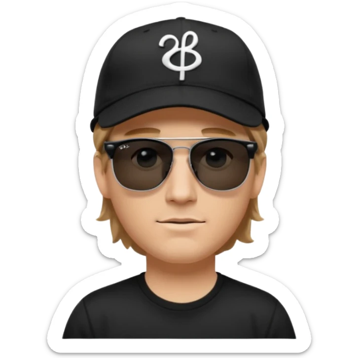 “Emoji of a white man with light brown hair under a black baseball cap, wearing a black t‑shirt and 1980s‑style black Ray‑Ban rectangle sunglasses, with black musical notes floating around his head, modern iOS emoji style. sticker