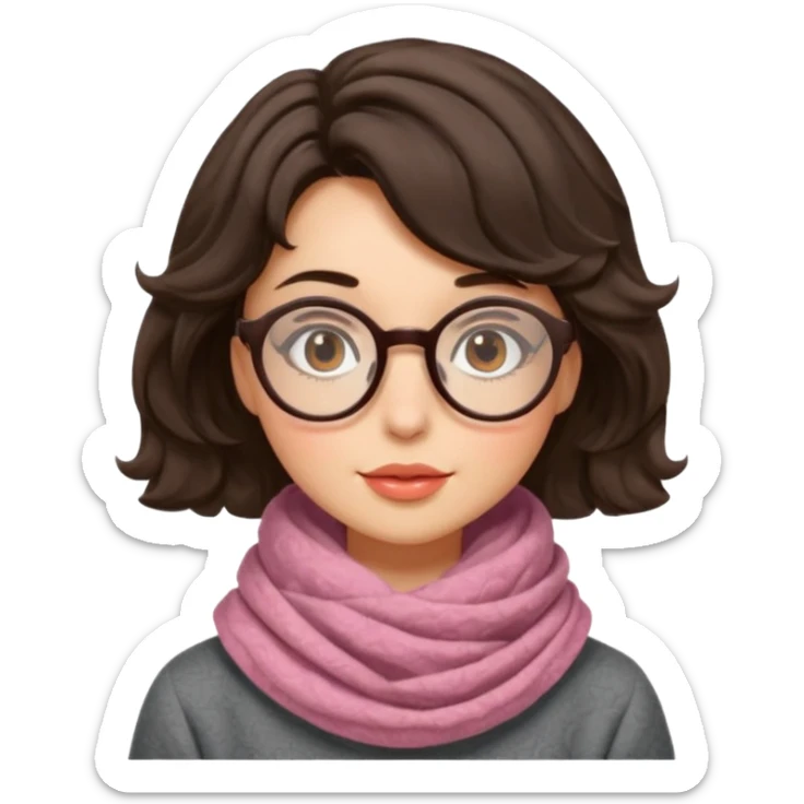 A shy brunette hair wavy short hair woman with big round glasses and thick scarf, blushing from the cold. sticker
