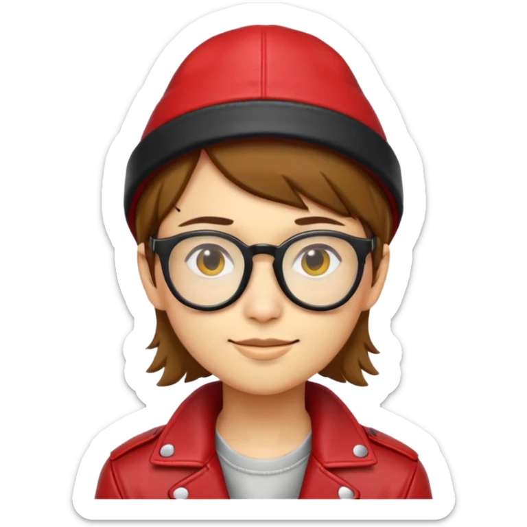 nam 20 tuổi, da vàng, tóc ngắn màu nâu, đội mũ màu đỏ, đeo kính màu đen, khoác áo da màu đỏ, nụ cười nhếch mép sticker