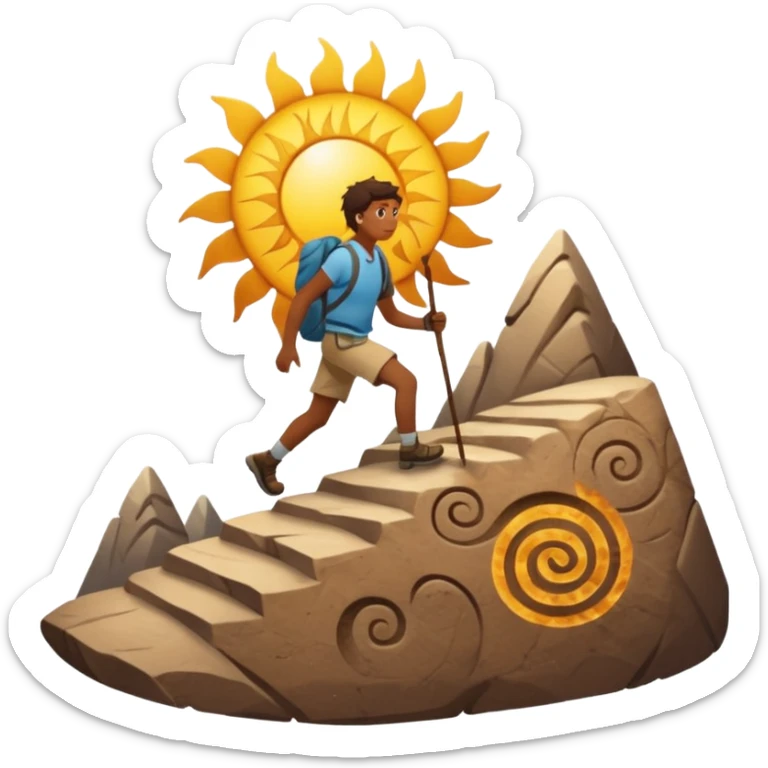 
una mezcla de sol + montaña + caminante estilo petroglifo con un espiral tipo energía ancestral sticker