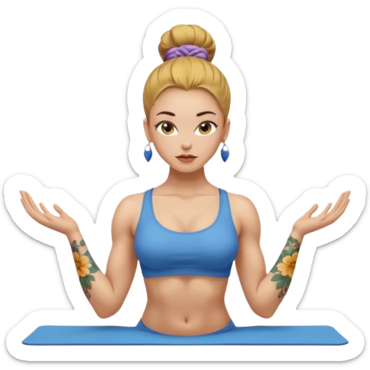sexy and fit, well muscled torso and biceps, european sexy girl, nude body, yellow-brown slavic hair in bun, sexy nude body, floral tattoes, blue-grey eyes, active yoga, sexy colored lips sticker