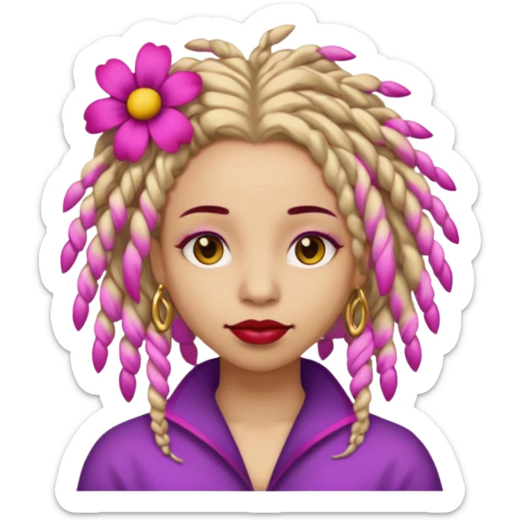 Gold dread locs pink emoji face purple flower in the hair red lipstick sticker