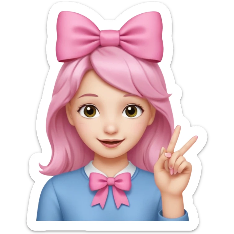 Chica sonriendo con un lazo rosa en la cabeza y mordiendose la punta del dedo indice con delicadeza y la otra mano que no salga sticker