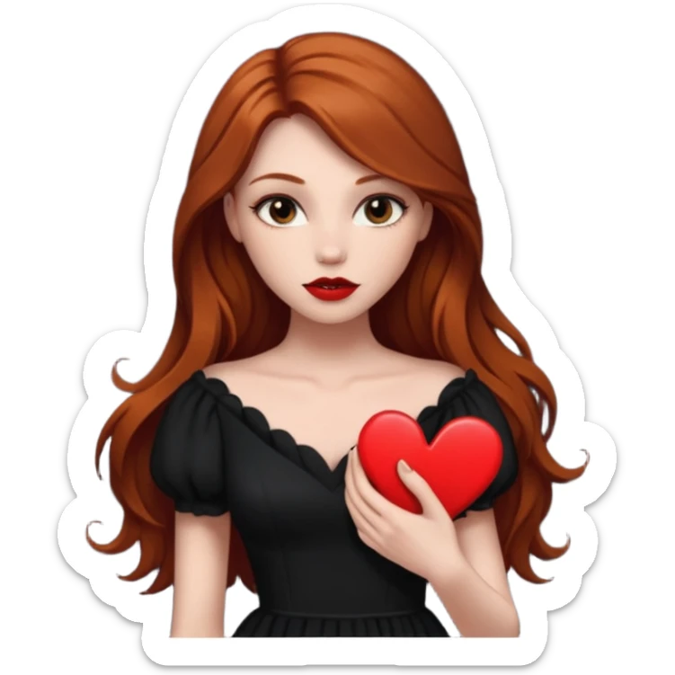  woman flirting long dark ginger hair dark make up holding a broken heart black dress sticker