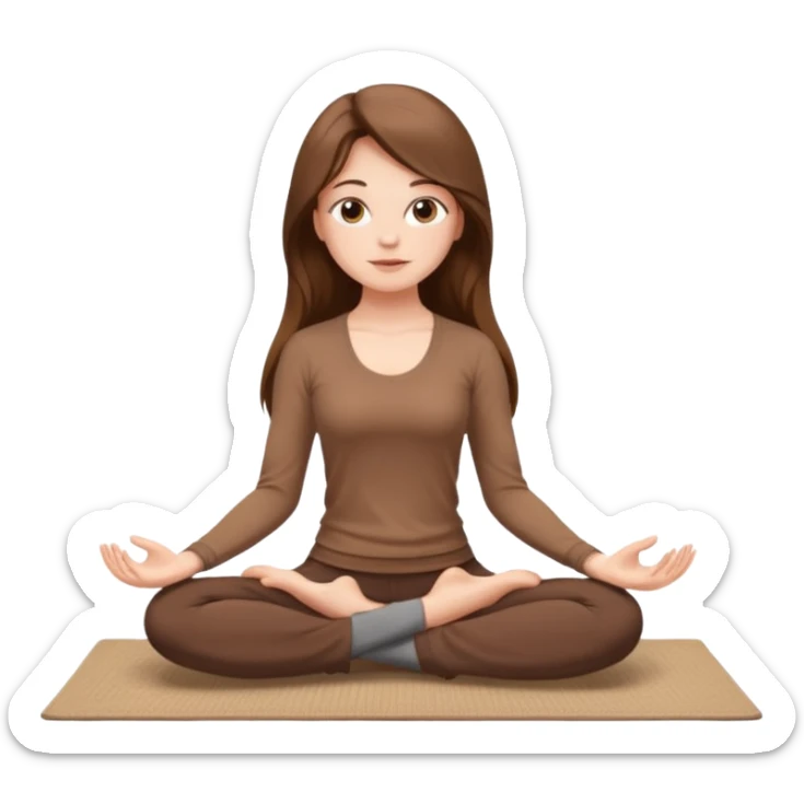 Brown long hair, white skin European girl sitting on a beige rug doing yoga, brown clothes sticker