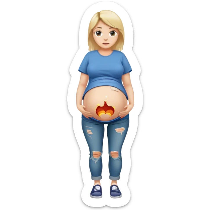 pregnant woman with very big belly sticking out ripped tshirt and pants sticker