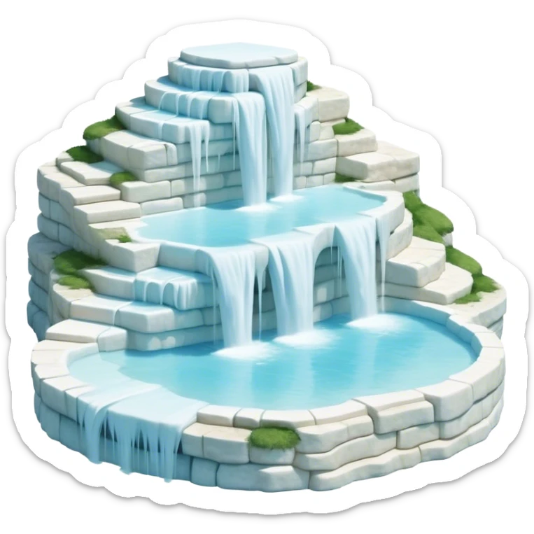Cinematic Realistic Pamukkale Landmark Emoji, showcasing surreal cascading terraces of thermal waters rendered with ethereal textures and soft, luminous lighting. sticker