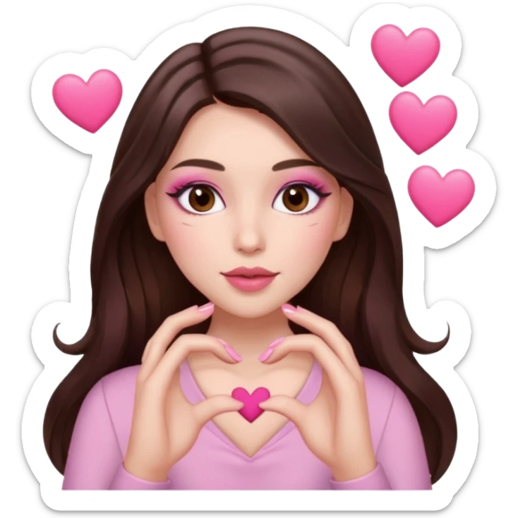 Pink and brown emoji, love emoji inspired with brunette hair, brown eyes, long hair, heart shape lips and pink make up making a heart with her hands and pink nails, mauve pink blush sticker