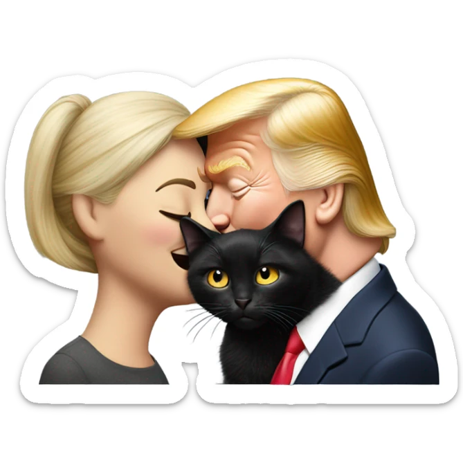 Photo realistic, Donald Trump, kissing and embracing black cat, sticker