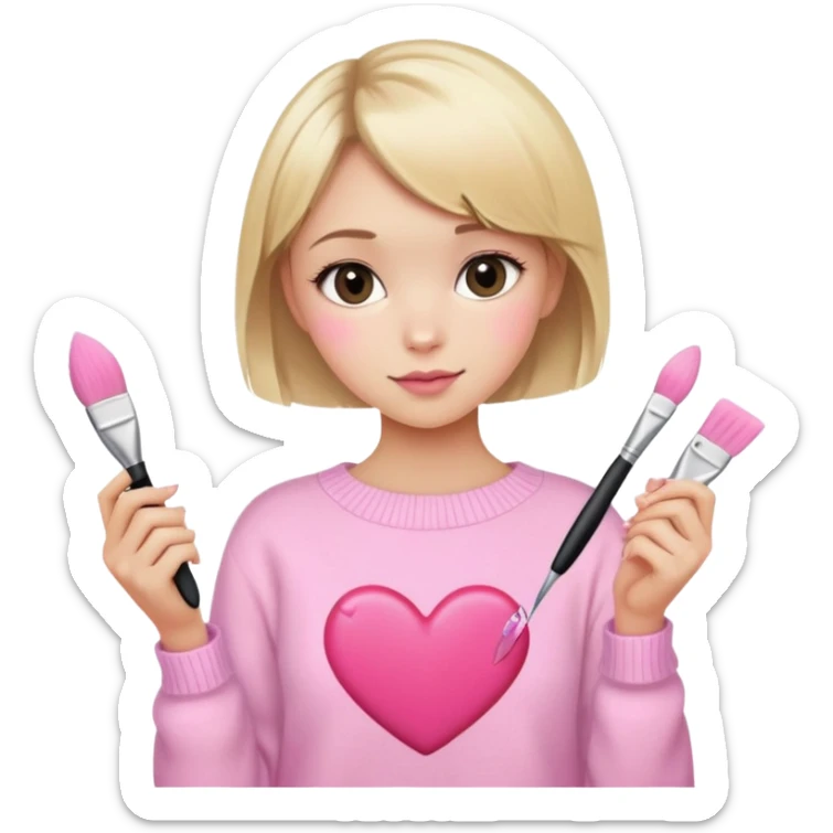girl with short blonde hair with heart sweater and pink brushes sticker